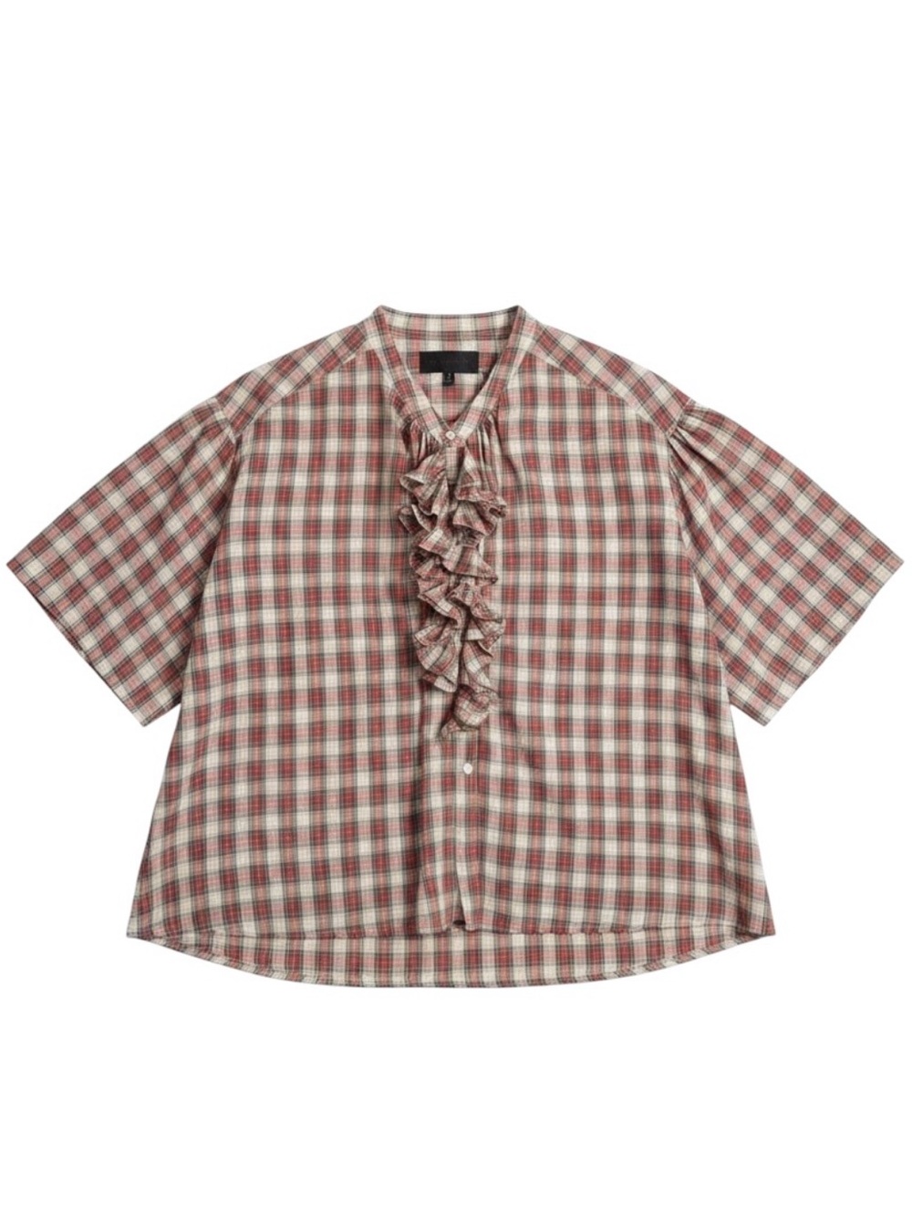 Nili Lotan Plaid Ruffle Blouse Oversized Short Sleeve Top Size Small